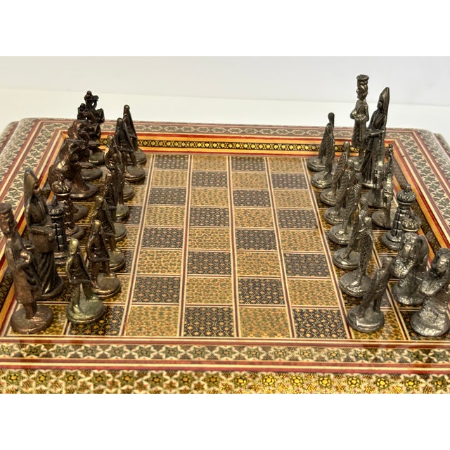 Vintage Persian Khatam Marquetry Chess Set With Figural Metal Pieces, Circa 1950 For Sale - Image 4 of 18