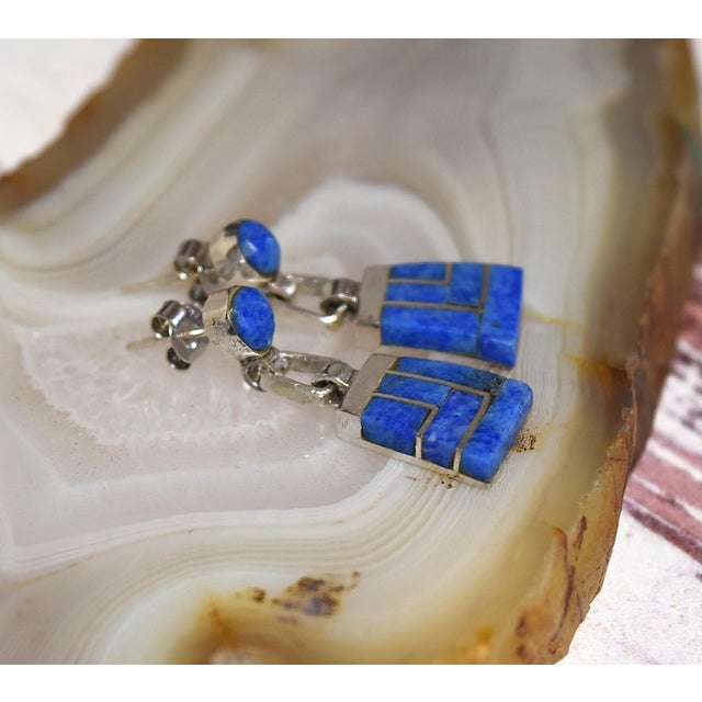 Contemporary Vintage Escorcia Sterling Silver Lapis Inlaid Dangle Post Earrings, A Pair For Sale - Image 3 of 17