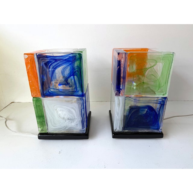 Contemporary Pair of Lamps Cubic Pennellate Murano Glass. Italy For Sale - Image 11 of 12