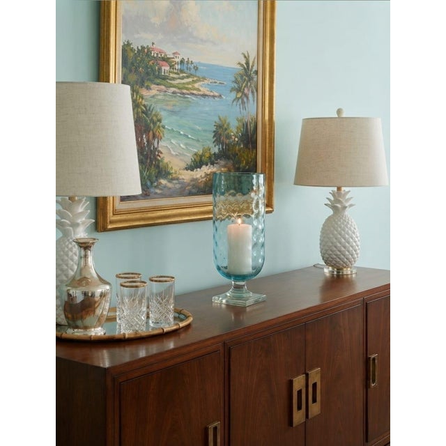 Glass Vintage Light Aqua Hobnail Glass Hurricane Lantern on Clear Pedestal Base For Sale - Image 7 of 12