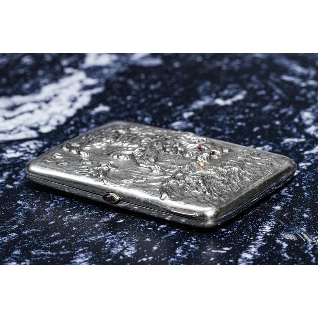 Exceptional Art Nouveau Antique Cigarette Case 875 Sterling Silver Bear Design Ruby Eyes Diamond Accent For Sale - Image 10 of 18