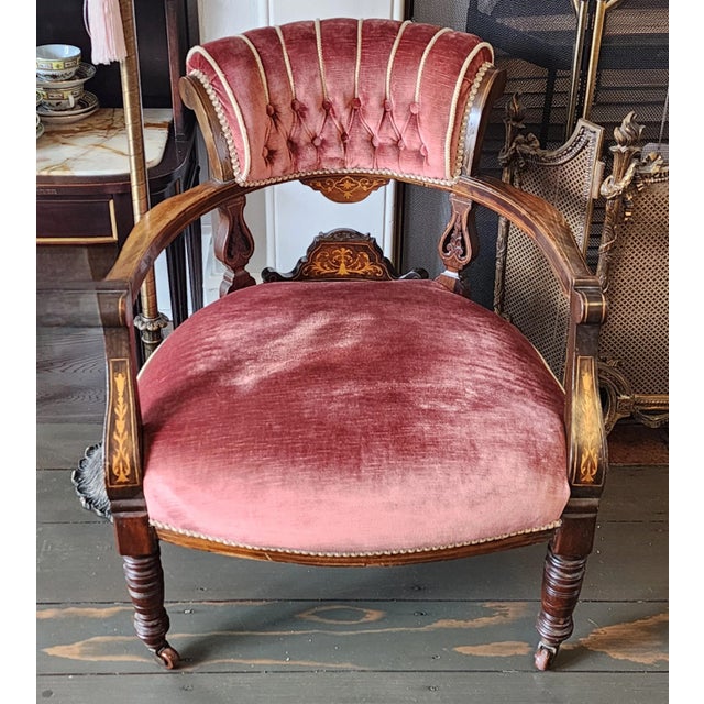 19th Century Antique Victorian Velvet Marquetry Fauteuil Parlor Armchair For Sale - Image 9 of 12