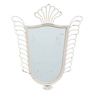 French White Lacquered Metal Mirror with Looped Wire Frame and Fan Crest, 1950s For Sale