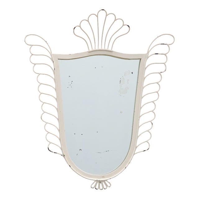 French White Lacquered Metal Mirror with Looped Wire Frame and Fan Crest, 1950s For Sale