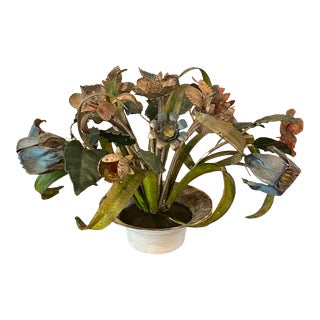Vintage Italian Antiqued Tole Flowers / Floral Bouquet Arrangement Sculpture in Pot, Made in Italy For Sale