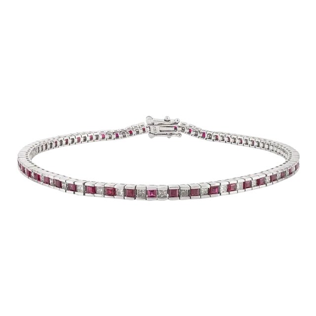 Square Shape Ruby and Diamond Tennis Bracelet in 18k White Gold For Sale