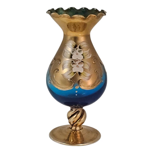 Mid-Century Venetian Hand-Blown Art Glass Cabinet Vase With Tre Fuochi Enamel 6" For Sale