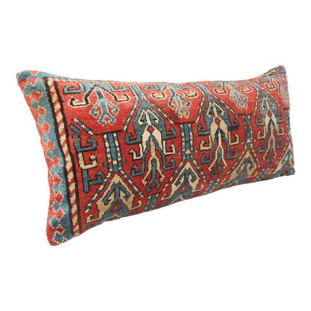 Handwoven Antique Caucasian Lumbar Pillow Cover – Tribal Design -16'' X 35'' For Sale