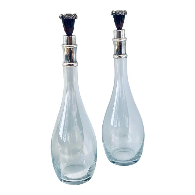 Antique Art Deco Decanters With Silver Neck and Silver & Bakelite Cork Stoppers - a Pair For Sale