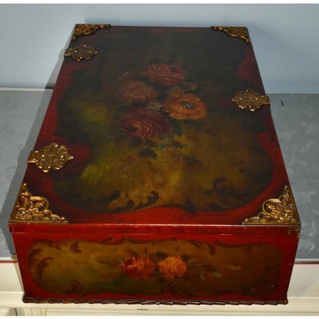 Wood Antique Florentine Style Painted Box With Floral Details & Brass Fittings For Sale - Image 7 of 12