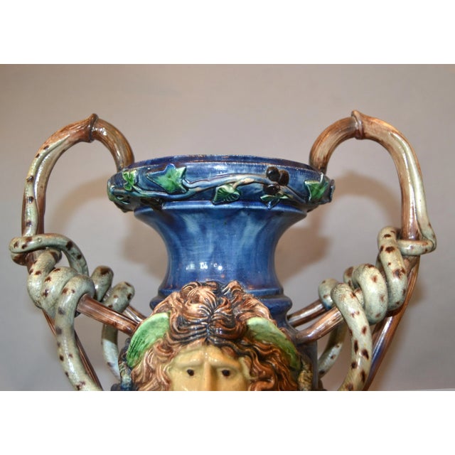 Blue French 19th Century Antique Hand Painted Ceramic Vase Wine Decanter Wooden Riser For Sale - Image 8 of 13