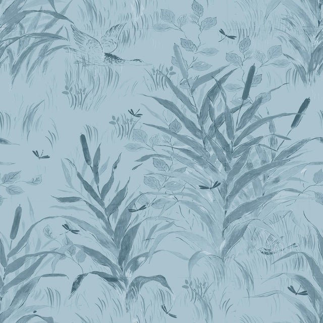 Art Deco Sample - Les Roseaux Wallpaper by Paule Marrot in Blue For Sale - Image 3 of 3