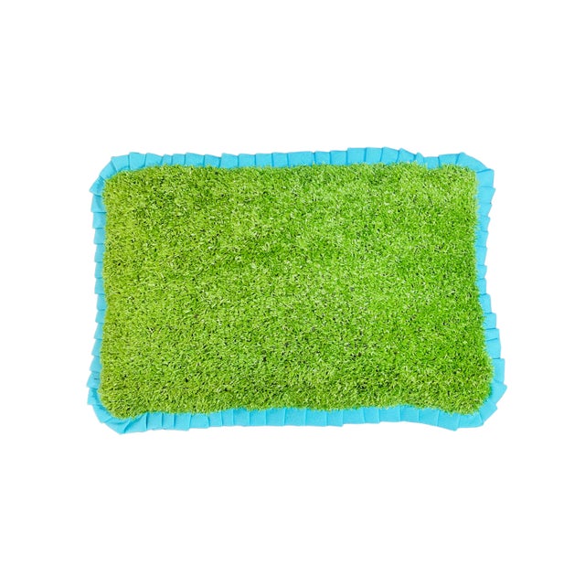 Custom Handcrafted Artificial Turf Lumbar Pillow With Turquoise Ruffle - Small Lumbar For Sale - Image 10 of 10