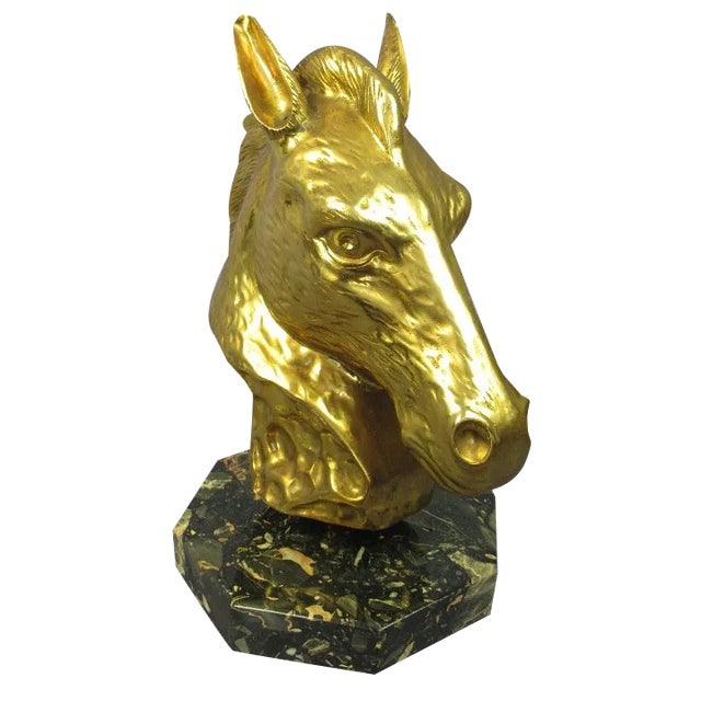 Brass Horse Sculpture with Black Marble Base, Mid-20th Century For Sale