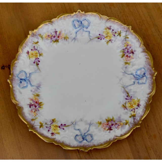 Early 20th Century Antique Limoges French Porcelain Plate Floral Garlands Blue Bows Ribbons Gilt For Sale - Image 5 of 16