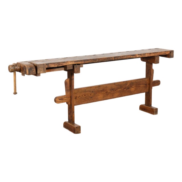 Early 20th Century Carpenters Workbench Rustic Narrow Console Table For Sale