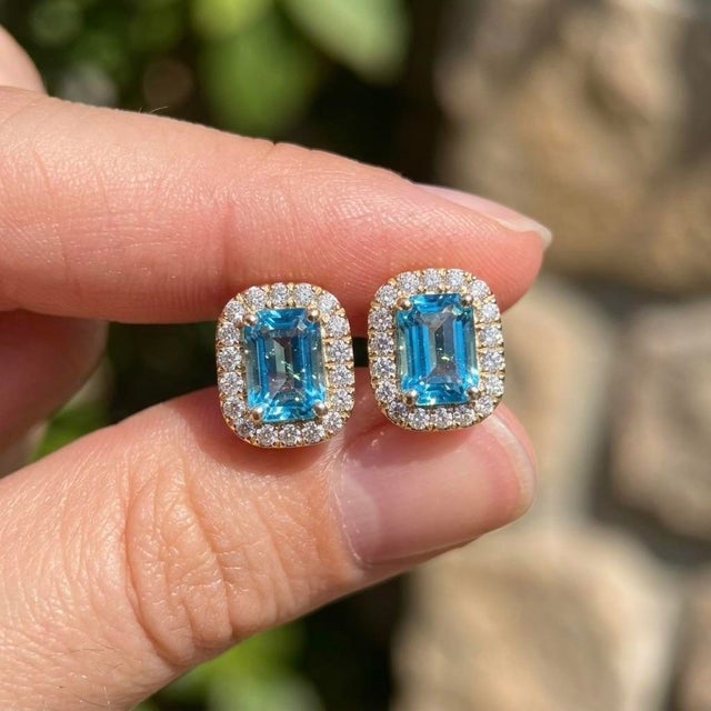 Contemporary Swiss Blue Topaz Studs Earrings | December Birthstone Studs | Dainty Minimalist Beautiful Gemstone Studs - A Pair For Sale - Image 3 of 3