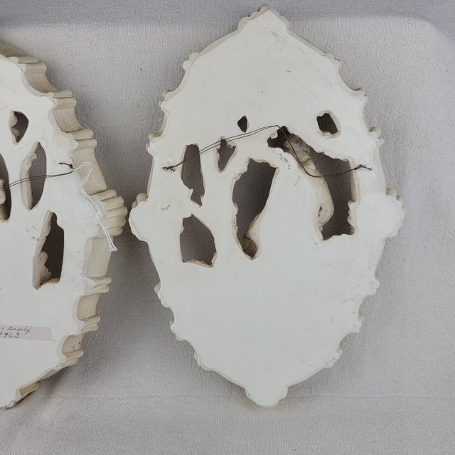 Vintage 1962 Jayess United Chicago Chalkware Wall Plaques Rococo Couple Set of 2 For Sale - Image 11 of 15