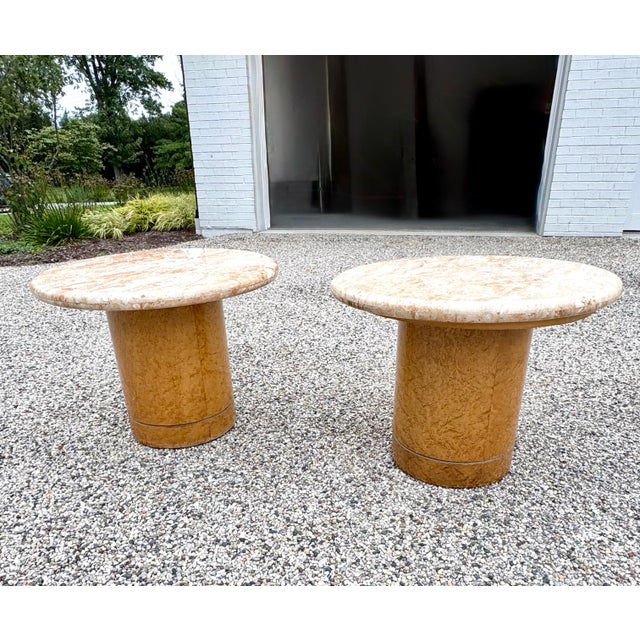 Pair of 1980s Vintage Italian Marble & Burl Side Tables Made for Gucci Chicago Flagship Store For Sale In Chicago - Image 6 of 9