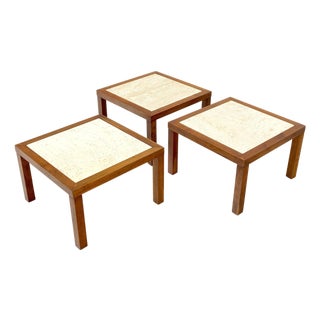 Set of Mid Century Solid Walnut Bases Travertine Tops End Side Occasional Tables For Sale