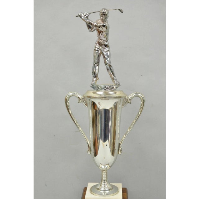 Vintage 1970s Art Deco Silver Metal Marble & Wood Figural Golf Trophy Award Cup For Sale - Image 4 of 17