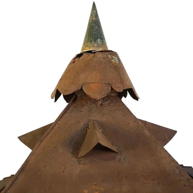 DETAILS An antique tole lantern hand crafted with four glazed panes beneath a peaked roof with four dormer vents and a...