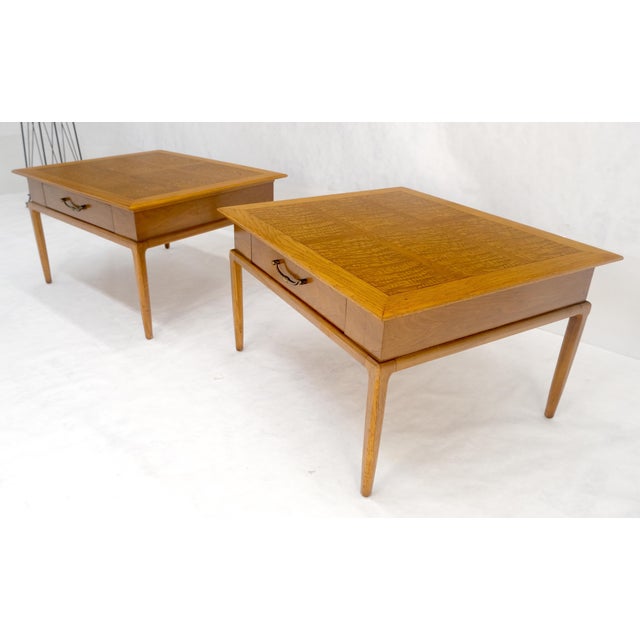 Pair of Fine Blond Tiger Maple Square End Side Lamp Tables One Drawer MINT For Sale - Image 16 of 18