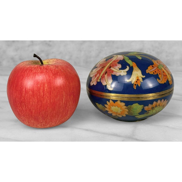 Original Late 20th Century Cloisonne Round Trinket Box Attractive Royal Blue Enamel with White & Pink Floral Motif Heavily...