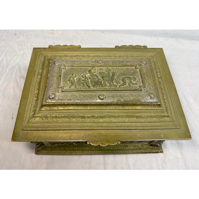 Large Antique Spanish Baroque 2 Tone Heavy Brass Ornate Dresser Casket Desk Box For Sale - Image 9 of 16
