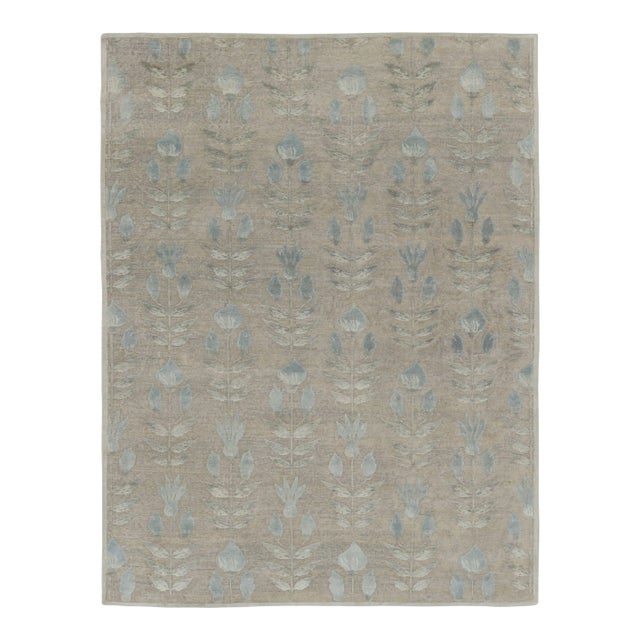Rug & Kilim’s Block Print Rug With Beige-Gray and Steel Blue Florals For Sale