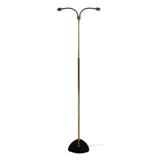 Vintage Danish Brass and Cast Iron 2-Arm Floor Lamp with Plectrum Shaped Base, 1950s For Sale