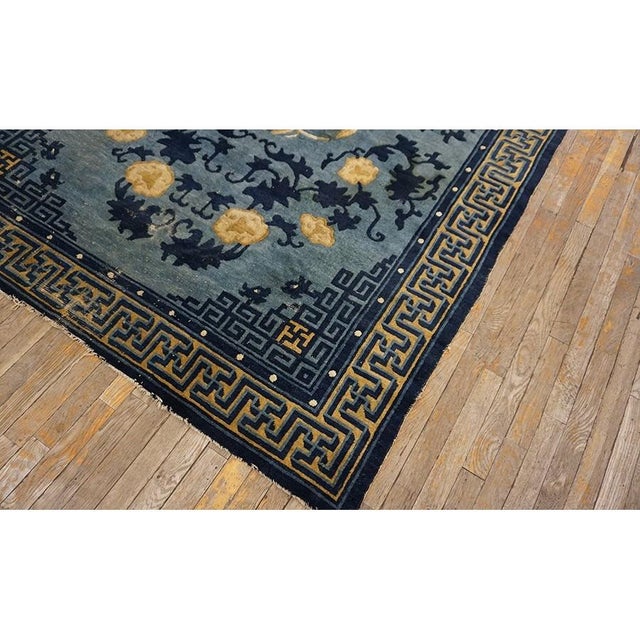 Chinese Antique 1880s Blue Classic Greek Key Chinese Peking Knotted Wool Small Rug For Sale - Image 3 of 9