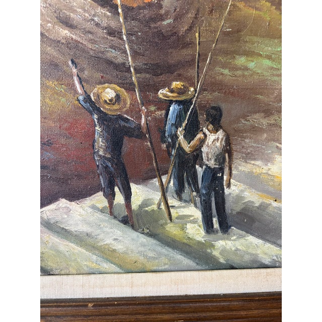 Original Signed “Sher” Oil on Canvas – Harbor Fishing Village With Men & Boats – Framed, 31.25” X 26” For Sale - Image 14 of 14