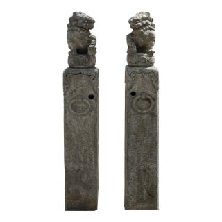 Chinese Pair Gray Stone Fengshui Foo Dogs Lion Slim Pole Statues For Sale