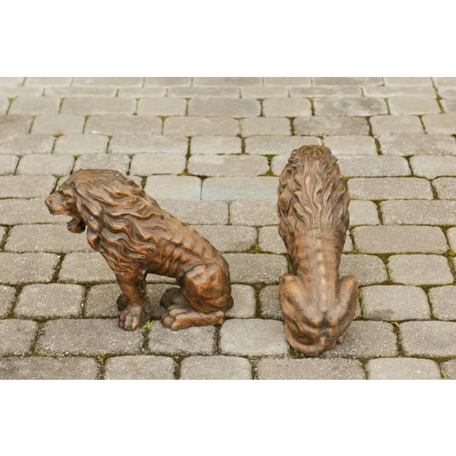 Pair of Italian 1880s Small Walnut Hand Carved Lion Sculptures with Dark Patina For Sale - Image 11 of 12