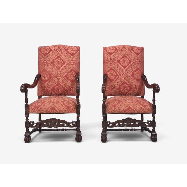 Baroque Baroque Style, Large Armchairs, Carved Wood, Red Damask, England, 1920s For Sale - Image 3 of 16