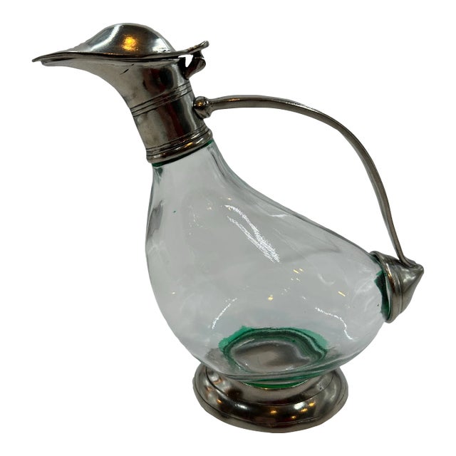 1940s Italian Art Deco Duck Decanter Pitcher in Crystal and Pewter For Sale