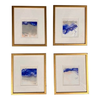 1990s Set of 4 Framed Abstract Blue Mini Prints in Gold Frames For Sale