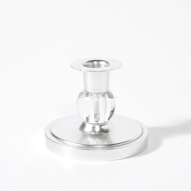 Pair of Art Deco Candle Holders in Brushed Aluminum & Glass Signed Kensington For Sale - Image 9 of 10