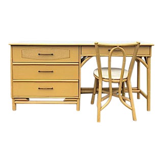 1960s Hollywood Regency Yellow and White Bamboo Desk with Chair - 2 Pieces For Sale