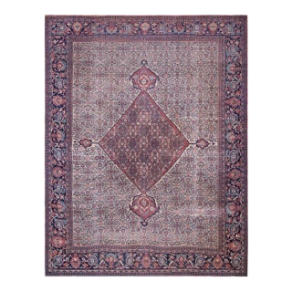 1890s Ivory Purple Medallion Antique Persian Mood Rug 9'2" X 11'9" Handknotted Wool Carpet For Sale