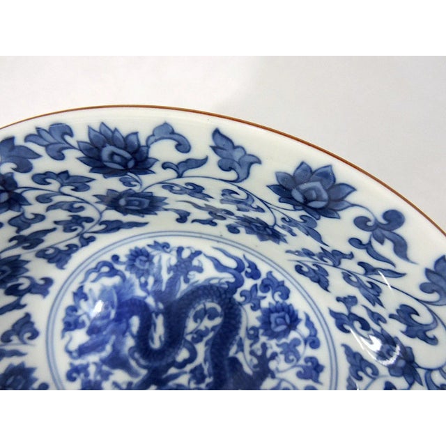 Japanese Vintage Japanese Blue and White Porcelain Dragon Bowl or Plate With Flowers For Sale - Image 3 of 7