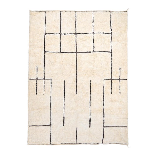 Abstract Blueprint Grid Hand-Knotted Wool Rug | 10'8" X 7'11" | One of a Kind For Sale