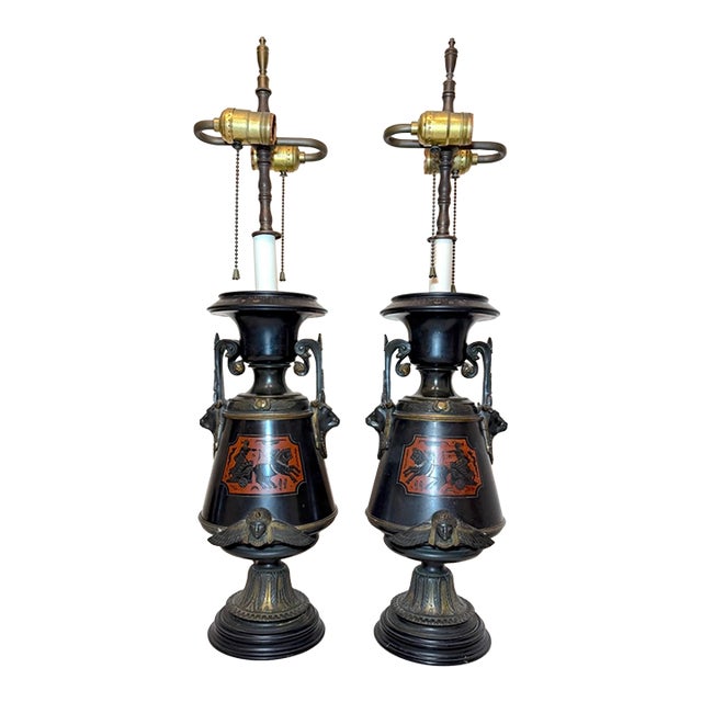 Antique Egyptian Revival Figural Bronze Marble Urn Ewer Table Lamps - a Pair For Sale