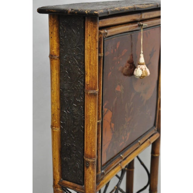 Antique English Victorian Bamboo Chinoiserie Compact Fall Front Secretary Desk For Sale - Image 17 of 18
