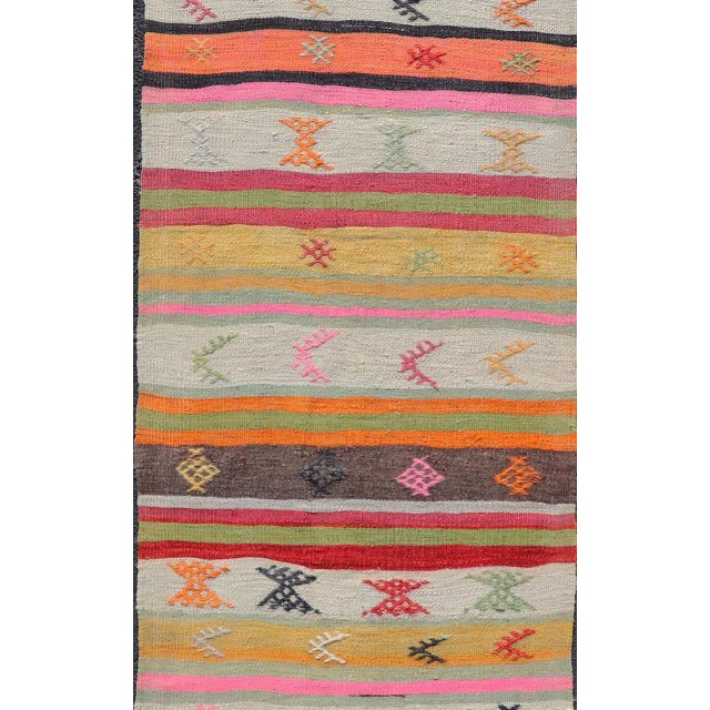 Textile Mid 20th Century Vintage Hand Woven Turkish Kilim Colorful Stripe Runner With Tribal Motifs For Sale - Image 7 of 12