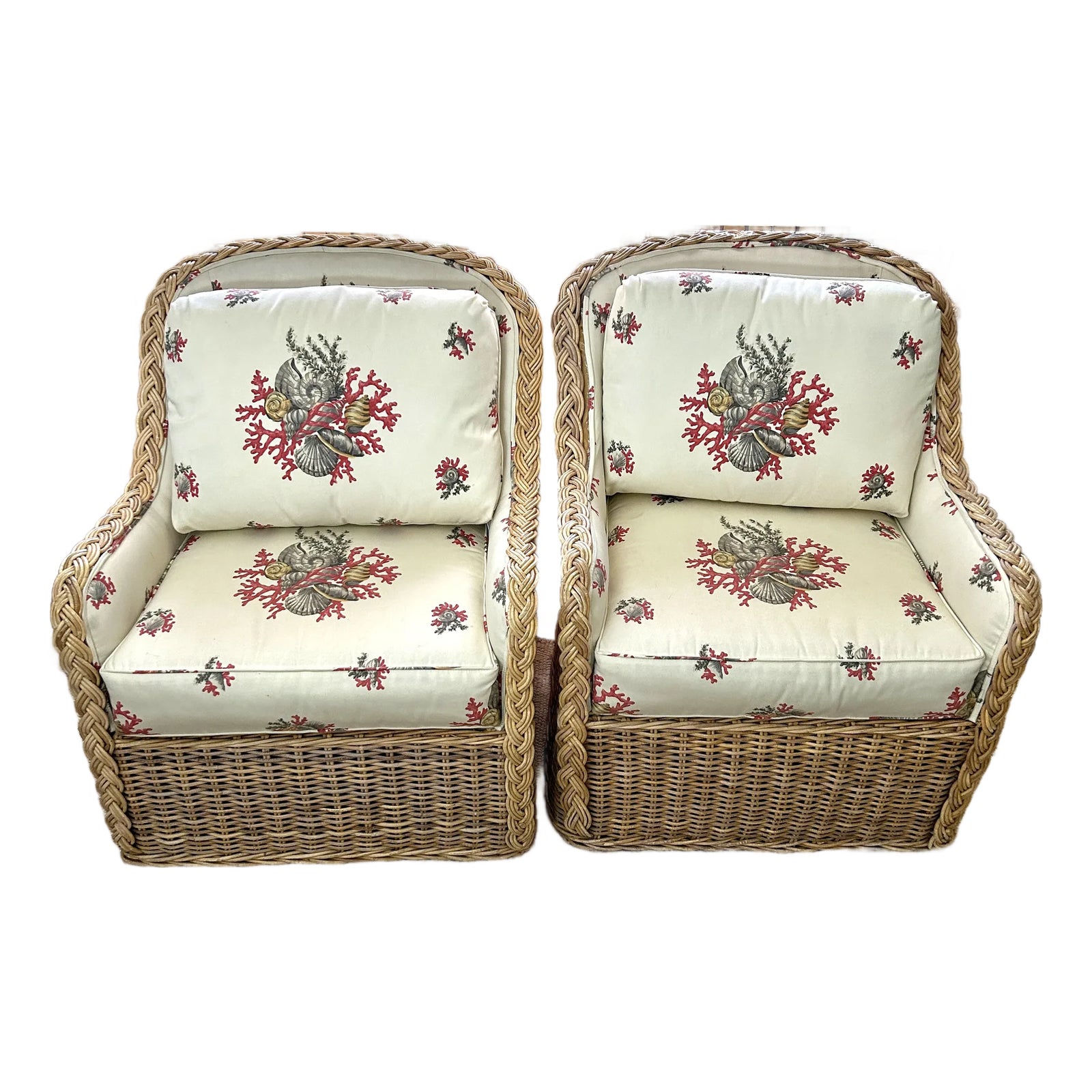 Coastal Braided Rattan Arm Chairs W/ Scalamandre Fabric | Chairish