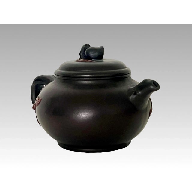 Mid 20th Century Lucky Peach Yixing Zisha Chinese Unglazed Red Leaf Tea Pot With Twig Handle on Carved Wood Stand For Sale - Image 4 of 10