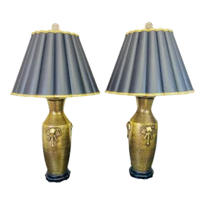Mid-20th Century Gold Porcelain Hammered Brass Textured Elephant Head Lamps a Pair
