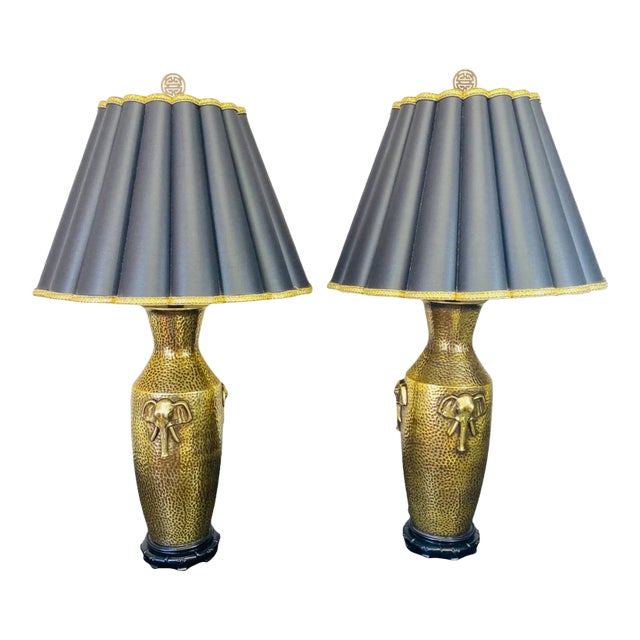 Pair of Mid-Century Gold Glazed Ceramic Elephant Lamps With Custom Artemis Studios Shades - Hollywood Regency / Chinoiserie Style For Sale